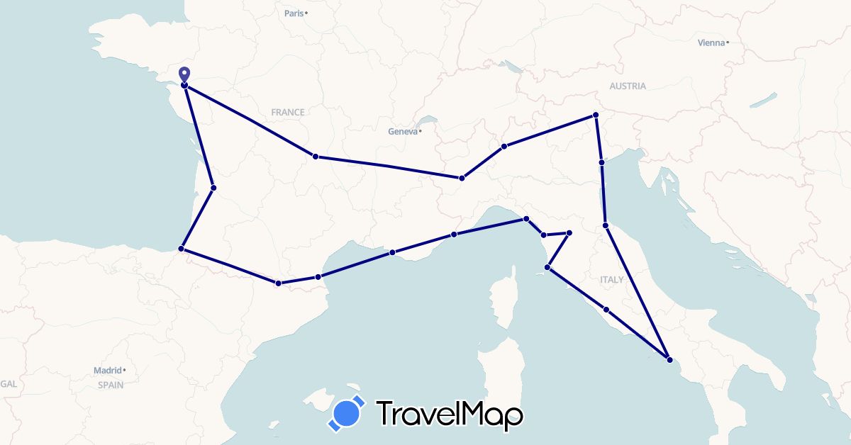 TravelMap itinerary: driving in Andorra, France, Italy, Monaco, San Marino (Europe)
